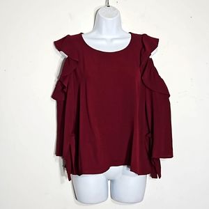 NWT she + sky burgundy red ruffled cold shoulder 3/4 sleeve hi/lo pullover Top S